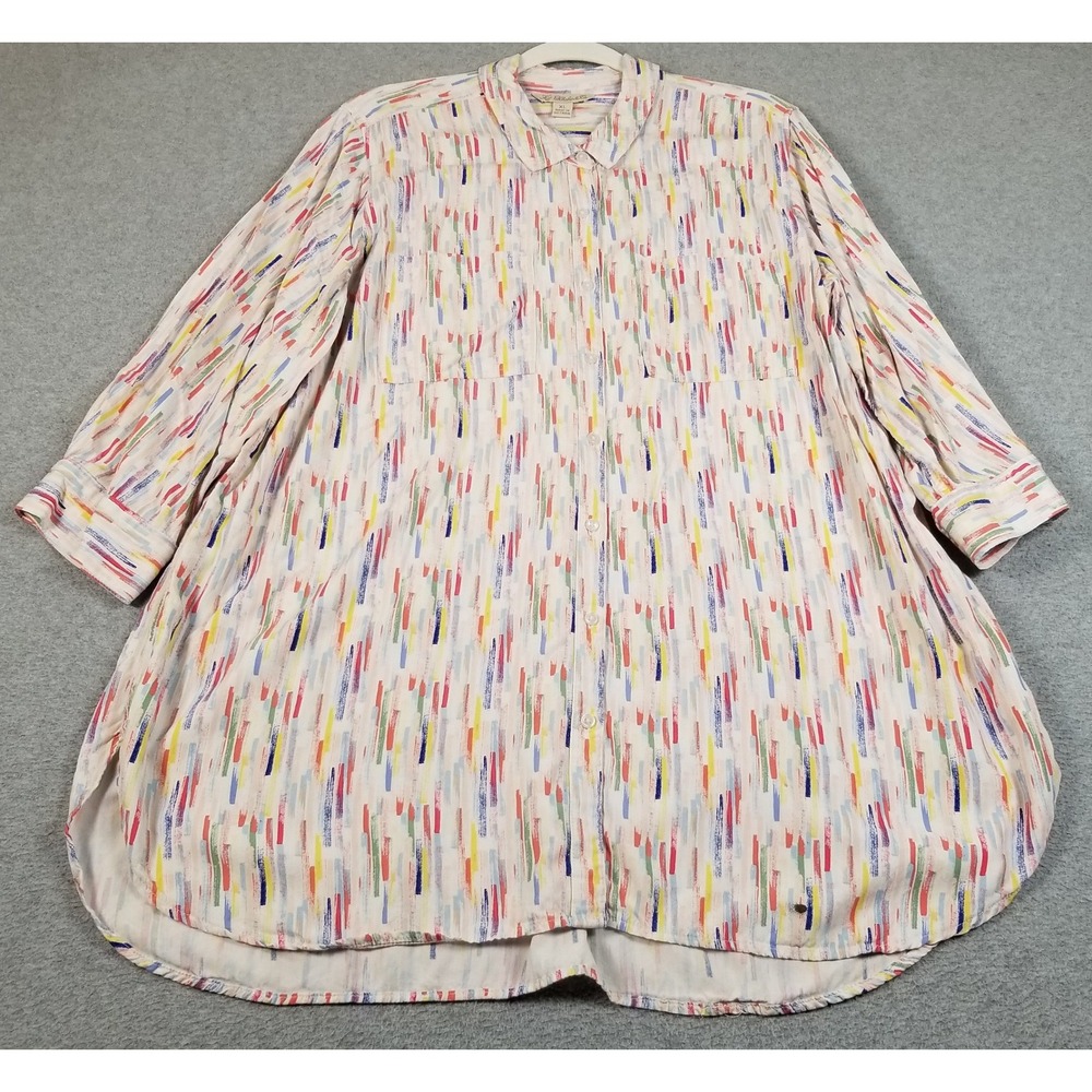 Khakis & Co Button Up Shirt Womens XL White Multi Abstract Dash 3/4 Sleeve Top